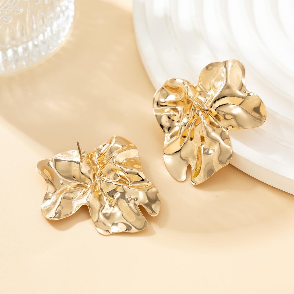 Salircon Gothic Liquid Metal Flower Stud Earrings Fashion Folded Gold Color Earrings Women's Charming Wedding Jewelry