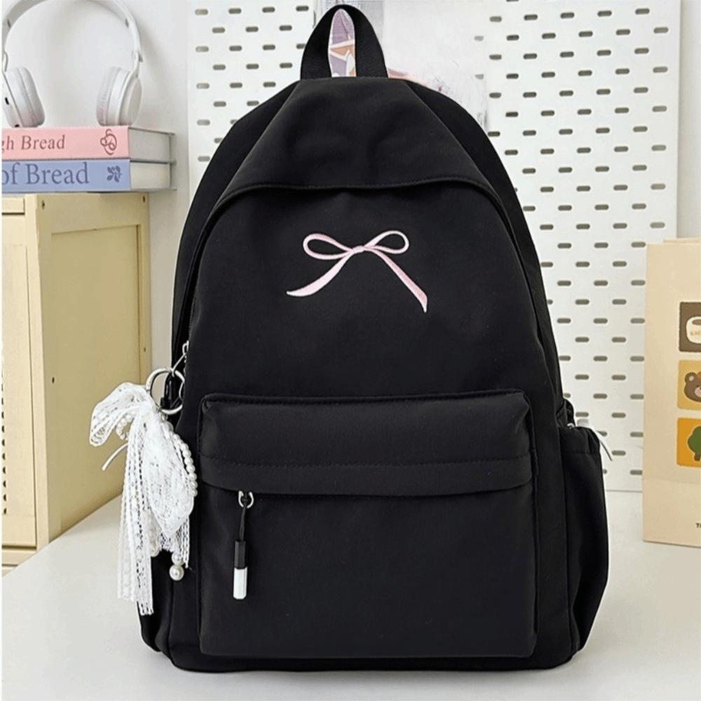 Mochila Bordada con Lazo Portátil para Niñas Color Sólido Nylon Mochila Escolar para Estudiantes Gran Capacidad Ligera Mochila de Viaje