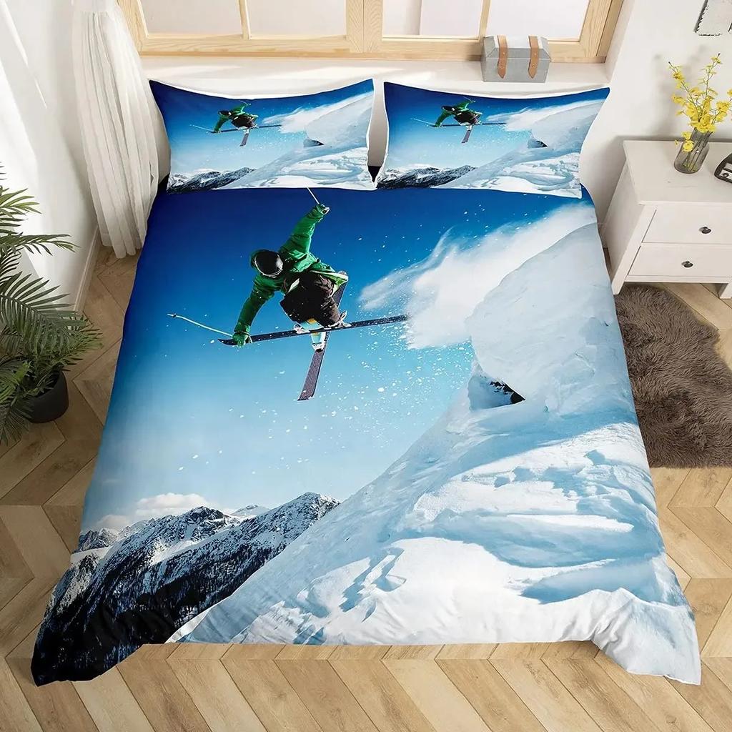 Ski Sports Duvet Cover Set Full Size Winter Sports Skiing Bedding Sets Snow Mountain Landscape Comforter Cover for Boys Girls