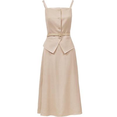 Women's Belted Button-Front A-Line Midi Dress