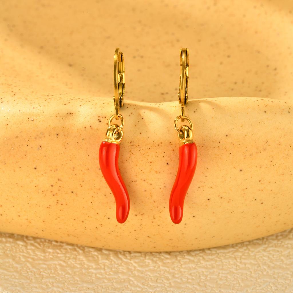 Kreativní náušnice s přívěsky červené chilli papričky pro ženy Trendy náušnice kroužky z nerezové oceli pozlacené 18K zlatem Módní šperky Dárek