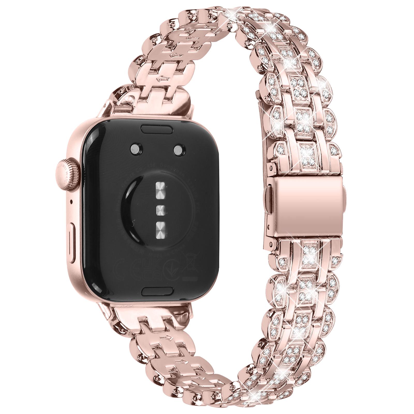 

Для Huawei Watch Fit 3 Металевий ремінець для годинника Браслет з квітковим візерунком зі стразами Rose Pink