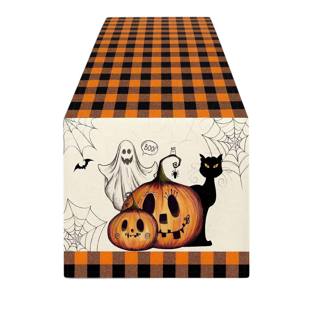 Halloween Linen Table Runner 7213 Inches - Pumpkin and Pattern for Fireplace TV Stand Dining Table
