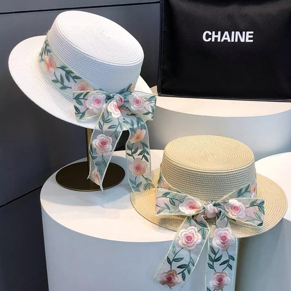 New French Bow Straw Hat Women's Flat-top Sunscreen Hat Summer Casual Sunshade Straw Sun Hat
