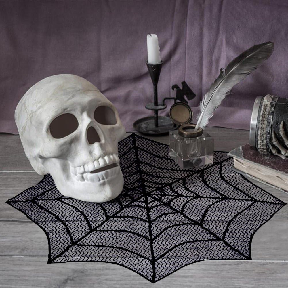 AerWo Halloween Tablecloth Lace Spiderweb Table Cloth, 30-Inch Centerpiece Round Table Topper for Halloween Decorations Festive Party Supplies