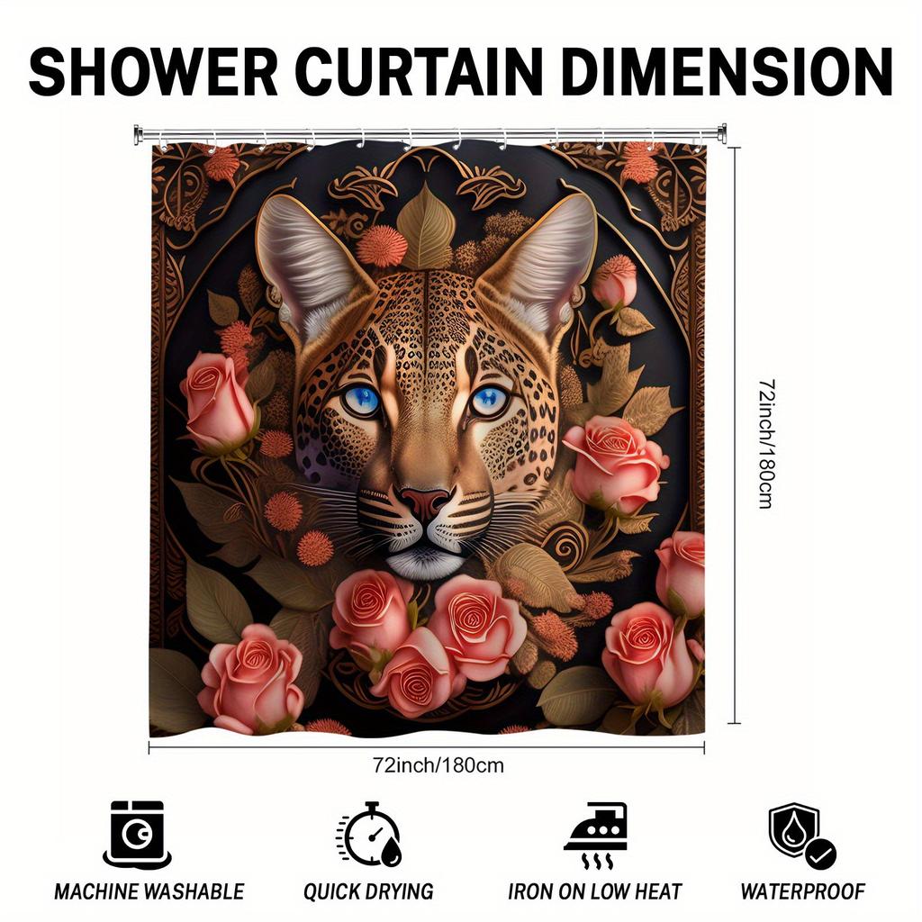 Leopard & Rose Shower Curtain - Vibrant Blue Eyes & Floral Design, Durable Jacquard Polyester, Perfect For Animal Lovers