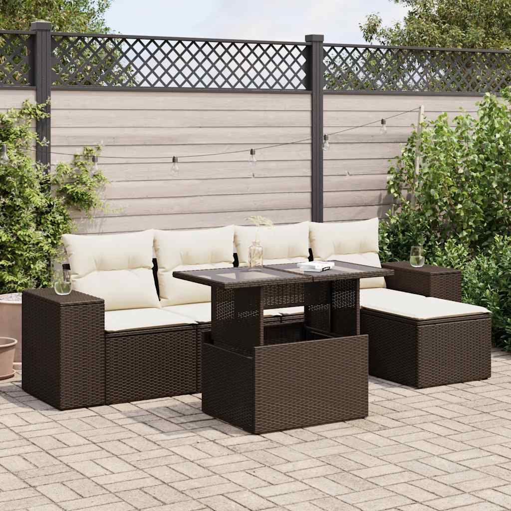 6 Piece Brown Poly Rattan Garden Sofa Set with Cushions