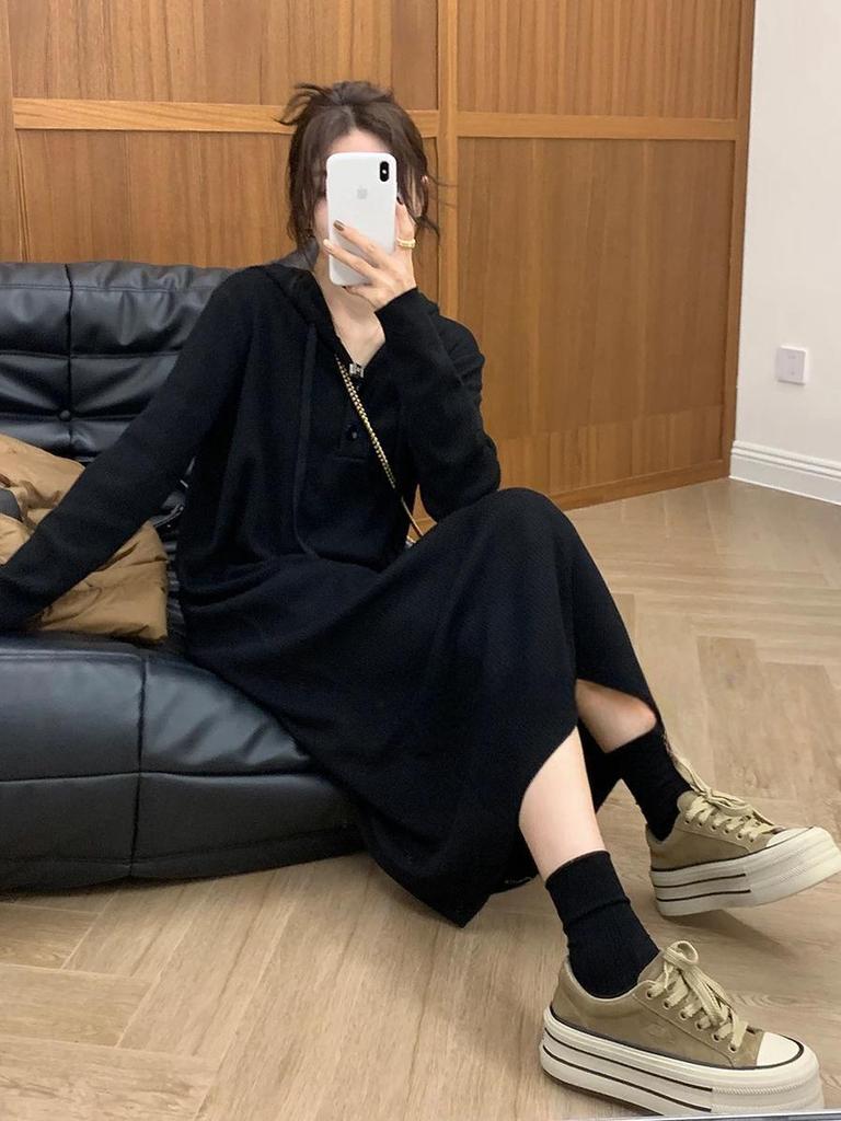 Women's French Retro Striped Wool Knit Hooded Dress - Casual, Loose, Autumn/Winter Fashion