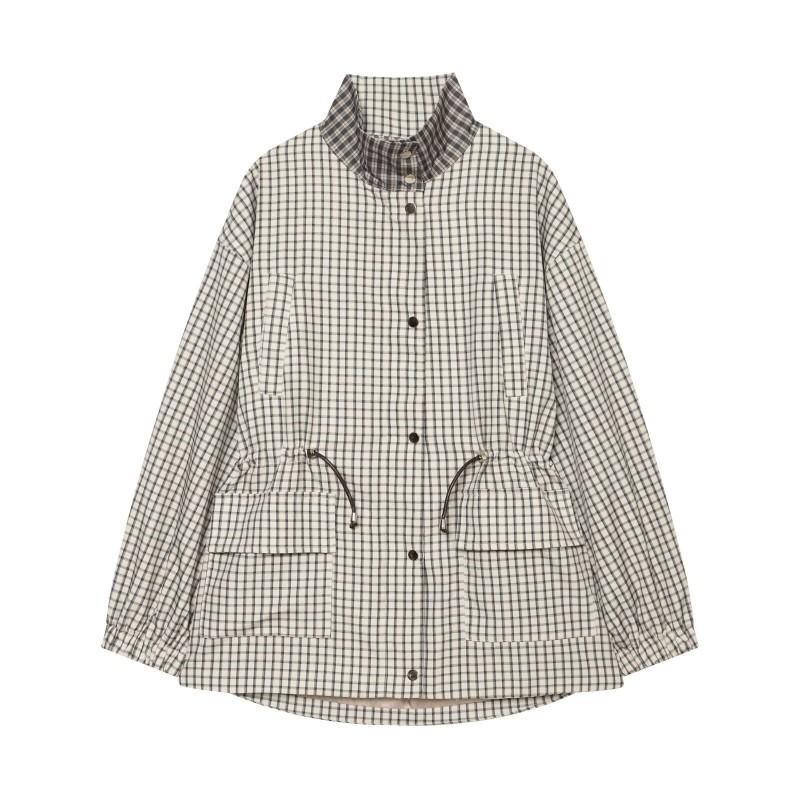 Womens Plaid Stand Collar Casual Oversized