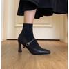 Fashion French Square Thick Heel Single Shoes Women's 2025 New Retro Style One-word Buckle with Light Mouth High Heels