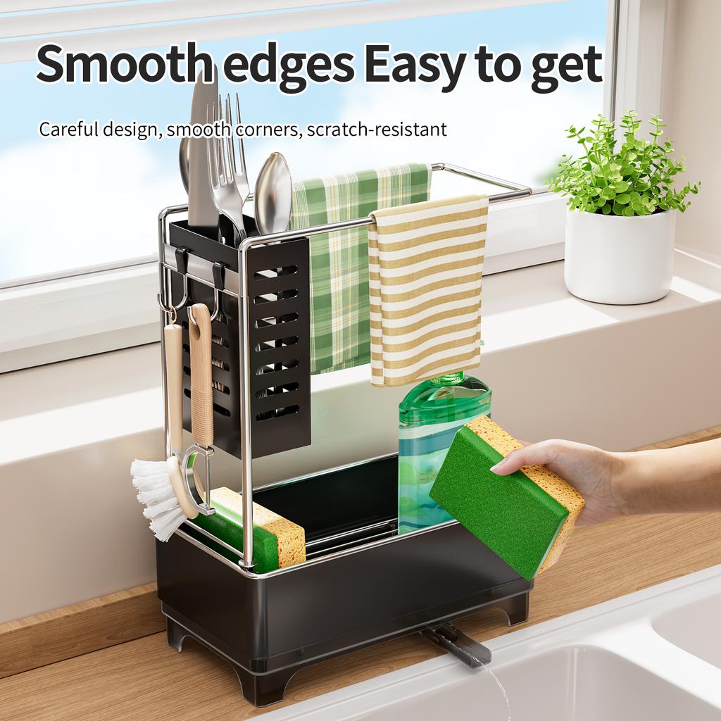 Kitchen Long Plate Gold Edge Sponge Rack, Washing Supplies Storage Rack with Towel Rack