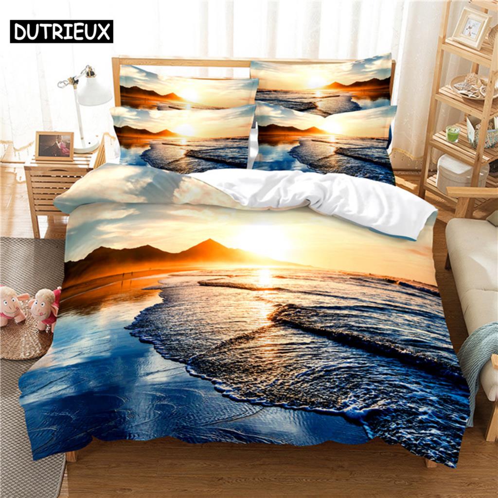 3D Digital-Printed Beach Coconut Tree-Themed Duvet Cover Set In Queen Size - Fashionable Bed Linen Design