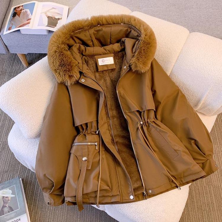 Women Warm Chic Parka Coat Autumn Winter Long Sleeve Solid Color Fur Collar Hooded Drawstring