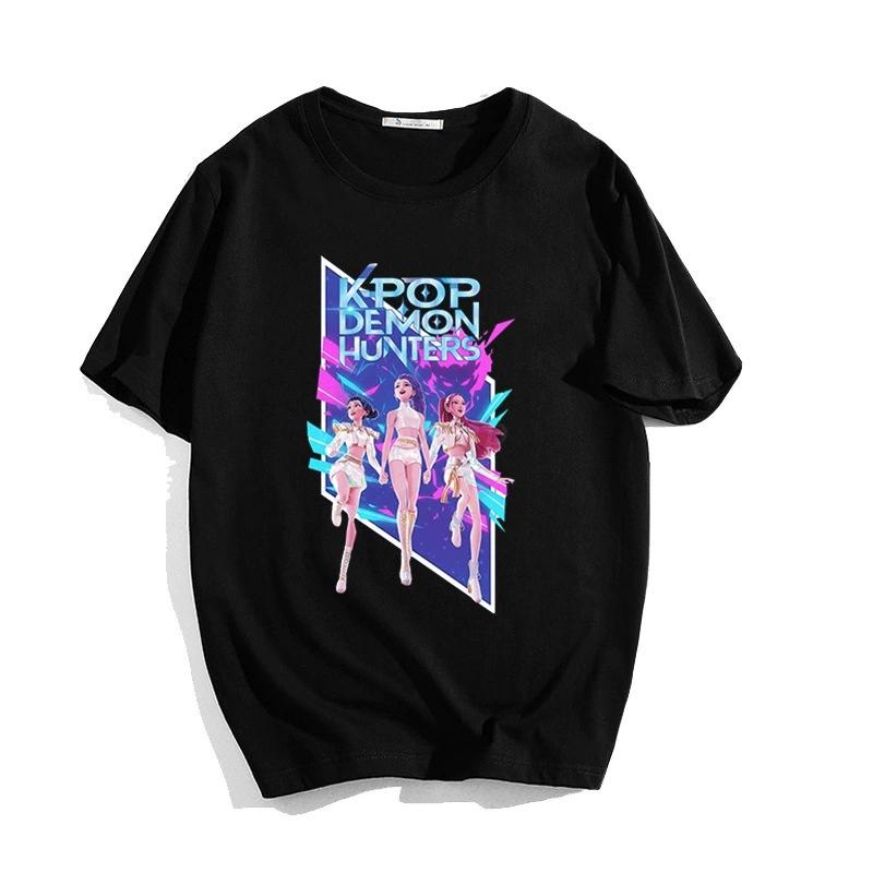 

Футболки нового дизайна K-Pop Охотники на демонов с принтом, с коротким рукавом, модная повседневная одежда, женские свитшоты с круглым вырезом, милые, простые, универсальные, базовые футболки XS чёрный