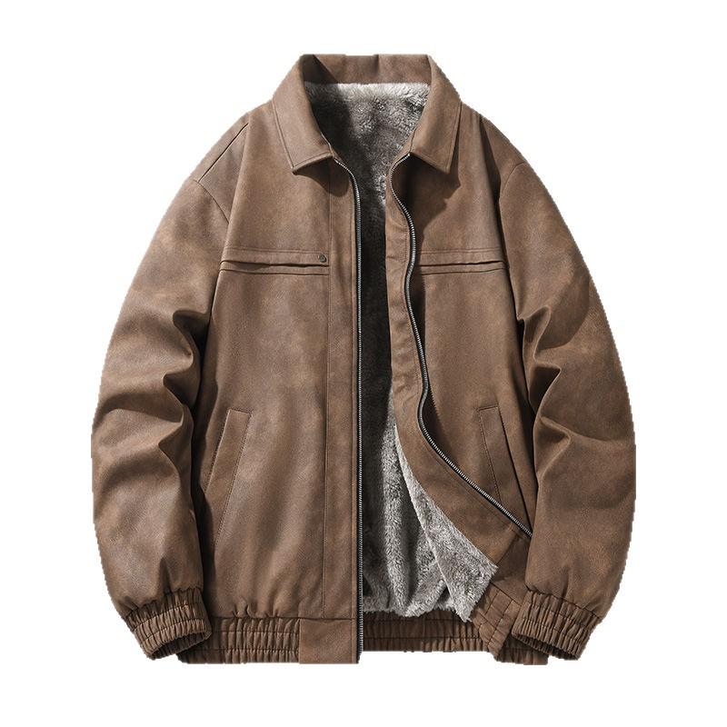 Men's Fleece-Lined Leather Jacket: Warm, Windproof, Versatile Winter Coat with Turn-Down Collar