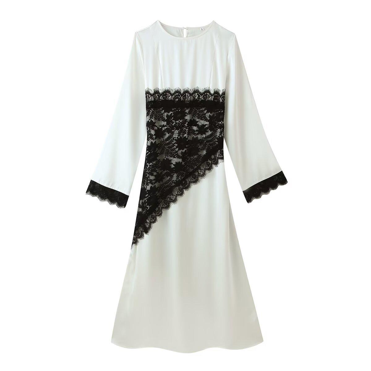 Elegant Women s Long Sleeve Lace Patchwork Dress – 2026 New Collection Medium белый