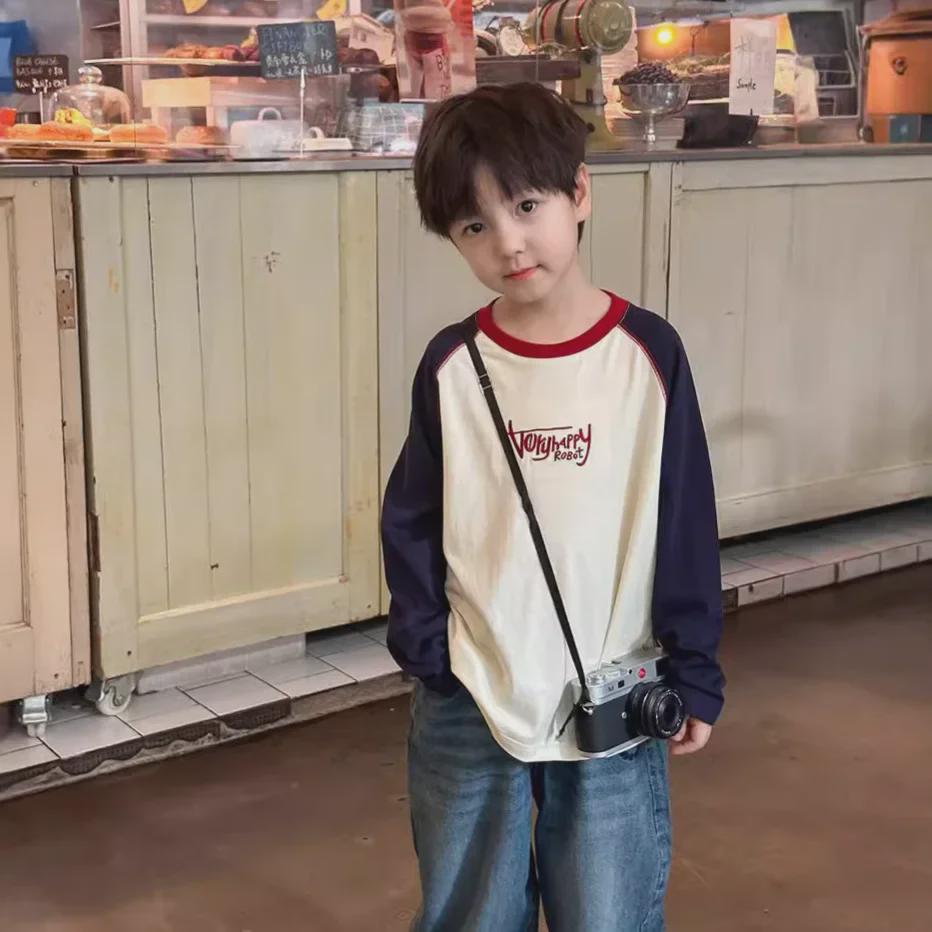 Amo Beibei 2025 Kids' Raglan Long Sleeve Color Block Letter T-shirt