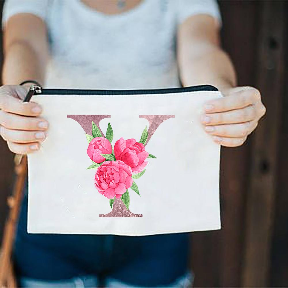 Pink Flowers Alphabet A-Z White Canvas Makeup Bags Zipper Cosmetic Pouch Ladies Casual Fashion Storage Organizer Make Up Bag