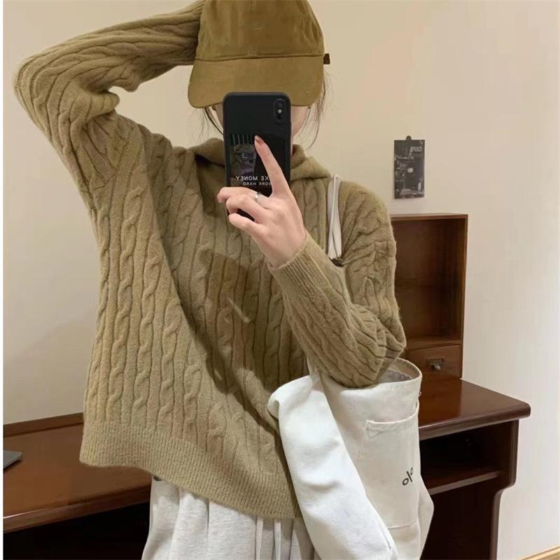 Autumn and winter new retro twist hooded pullover sweater women's simple and versatile loose lazy wind knitted sweater tide