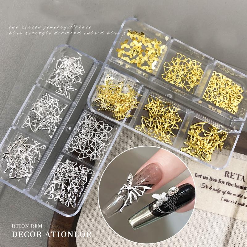 6Grids 3D Metal Stars Bowknot Butterfly Nail Art Charms Gold/Silver Starlight Rivets Nails Decorations Manicure Sequins Accessor
