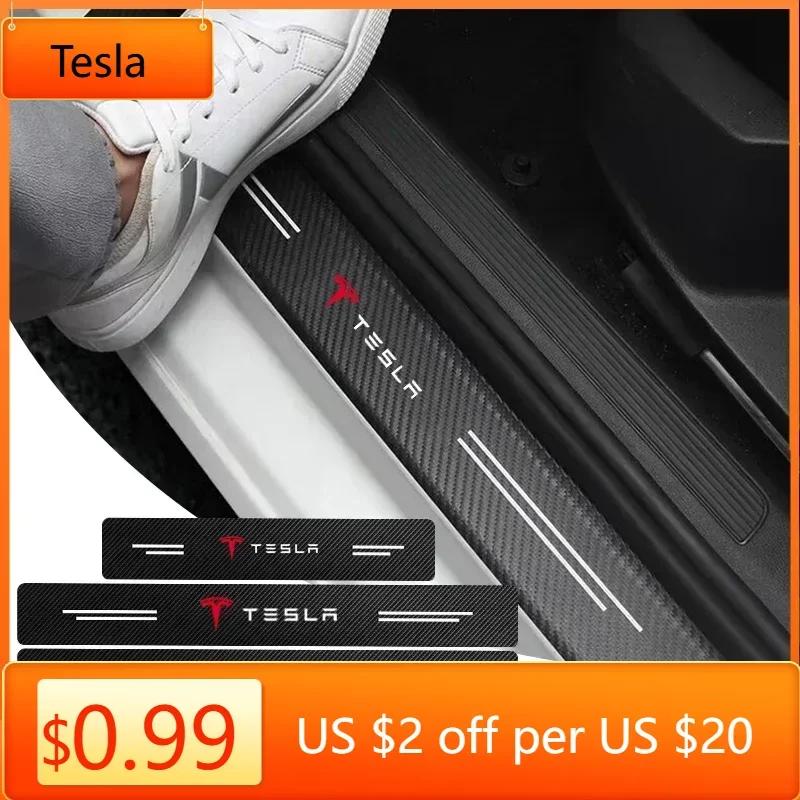 Car Sticker Tesla 4Pcs Car Door Sill Protector Strip Carbon Fiber Emblem Stickers For Tesla 3 S X Y Decoration Accessories
