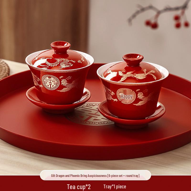 Wedding Tea Cup & Chopstick Set: Toasting Bowls and Red Dowry Supplies