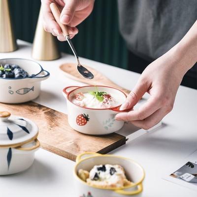 Ceramic Kitchen Bowl Baby Food Supplement Bowl Dinnerware Noodle Ramen Fruit Salad Steamed Egg Bowl Microwave Tableware with Lid