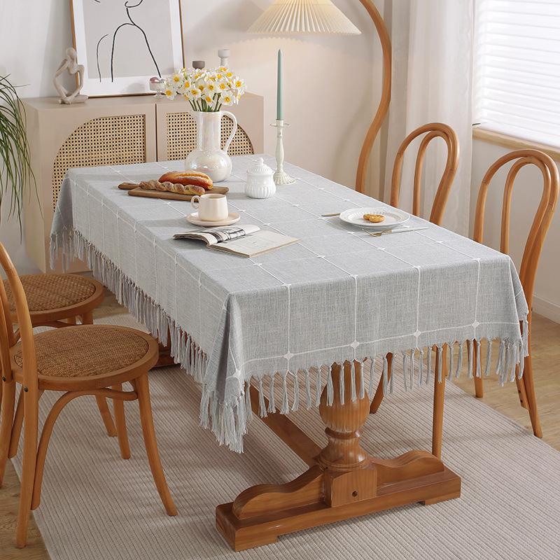 

Simple Fabric Plaid Tablecloth Hand-Torn Tassel Imitation Cotton And Linen Dust-Proof Dining Table Mat Decorative Tablecloth Cover Towel 90*90cm (including tassel length)