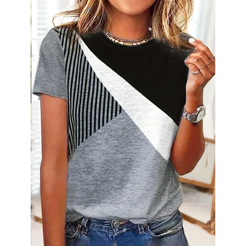 

Color block short-sleeved T-shirt, crew neck casual top, summer and spring, women s XL