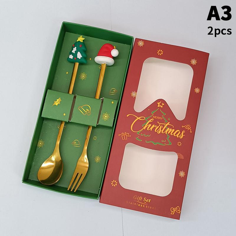 1/2/4/6 Stück Edelstahl Löffel Weihnachts Dessertlöffel Kuchengabel Cartoon Weihnachtsbaum Elch Löffel Gabel Weihnachtsgeschenkbox