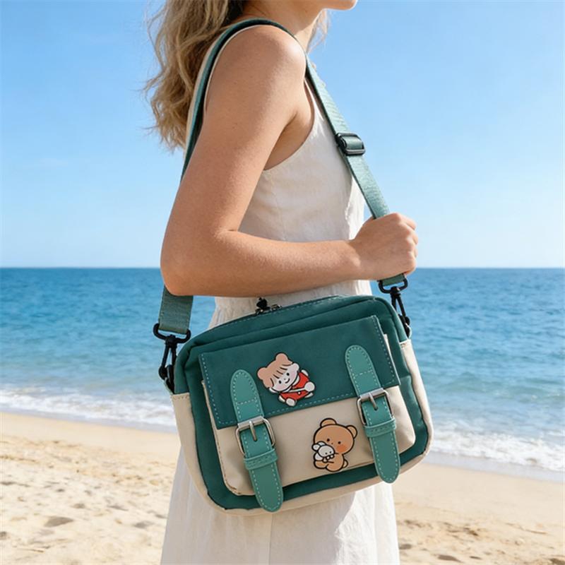 Cute Cartoon Colorblock Small Crossbody Bag with Badge Pin Chic Durable Mini Canvas Shoulder Bag for Women Daily Shopping Outing