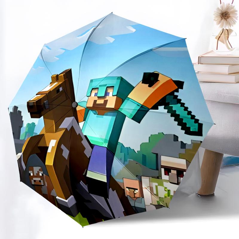 Minecraft5 Print Automatic Umbrella, 8 Rib Iron Frame, Plastic Handle, Suitable for Outdoor Travel &Daily , Ideal Gift