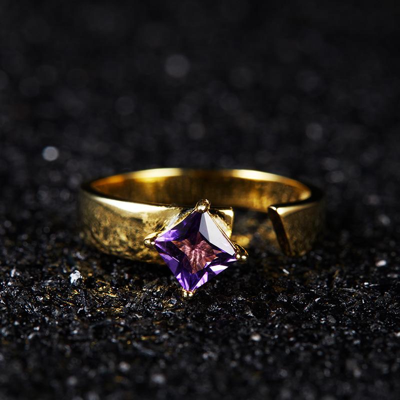 Color Treasure Ring S925 Sterling Silver Inlaid Natural Square Amethyst Niche Design Simple And Stylish Open Ring