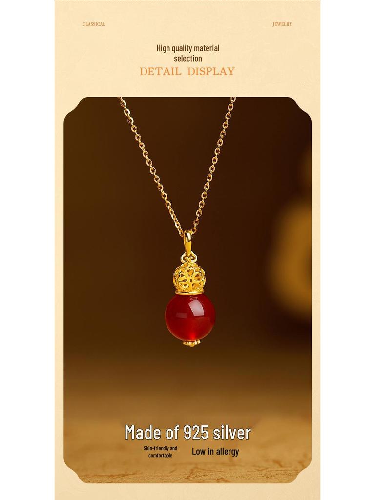 S925 Sterling Silver Fu Gourd Carnelian Pendant Necklace - Women's Chinese Style, Elegant Fresh Fashion Clavicle Chain