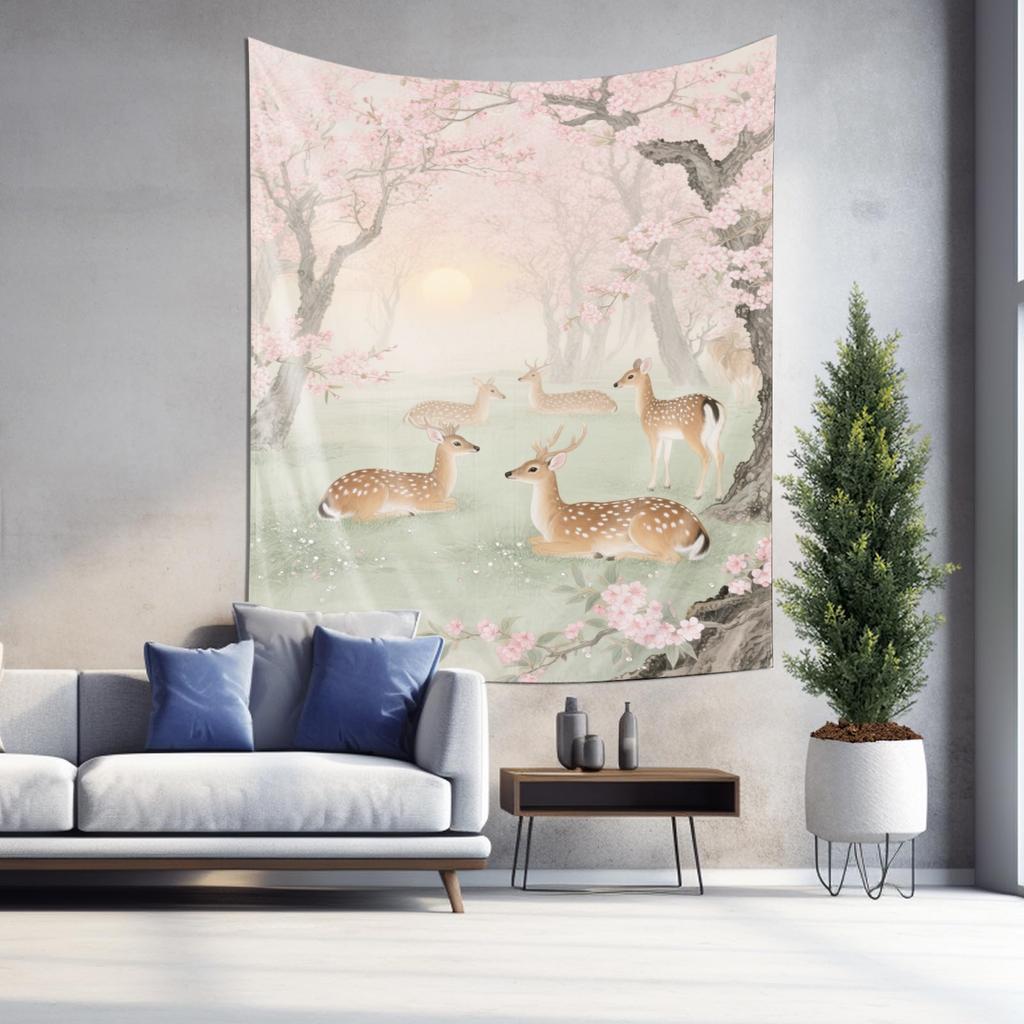 Cherry Blossom Deer Themed Tapestry Elegant Fabric Decoration Suitable for Bedroom and Living Room Walls