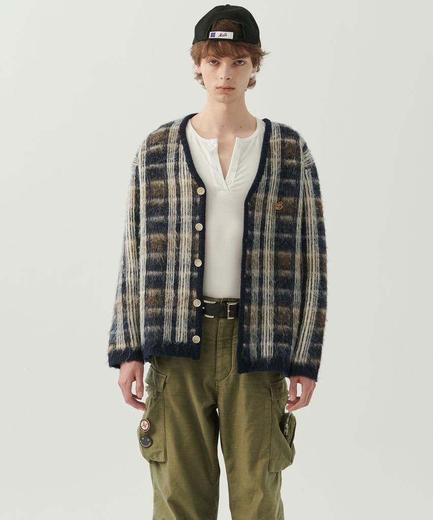 Beyond Closet Preppy Hairy Check Mohair Tough Cardigan Navy