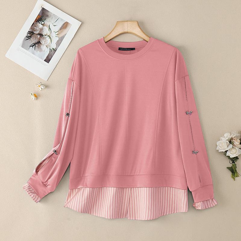 

ZANZEA Женские топы-пуловеры с круглым вырезом, свободного кроя, повседневные, с длинным рукавом, осенние 4XL розовый