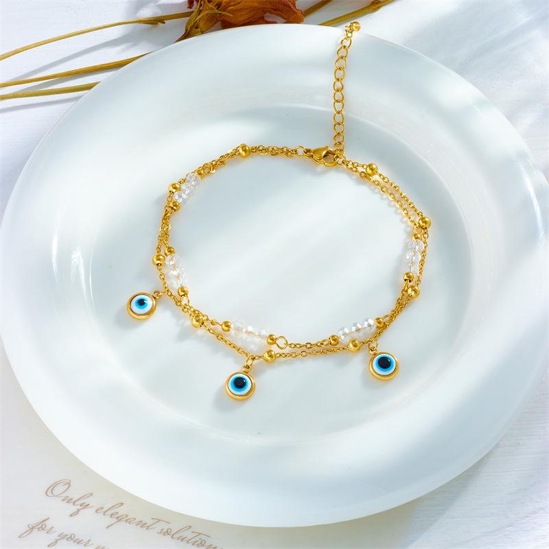 Gold Evil Eye Crystal Layered Anklet