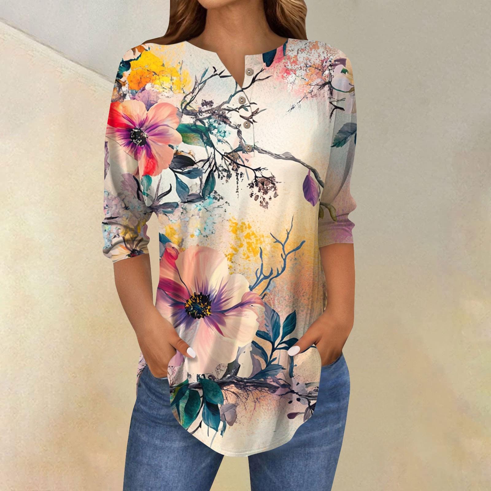 

Женская свободная футболка с воротником на пуговицах и винтажным цветочным принтом, рукав три четверти XXXL розовый