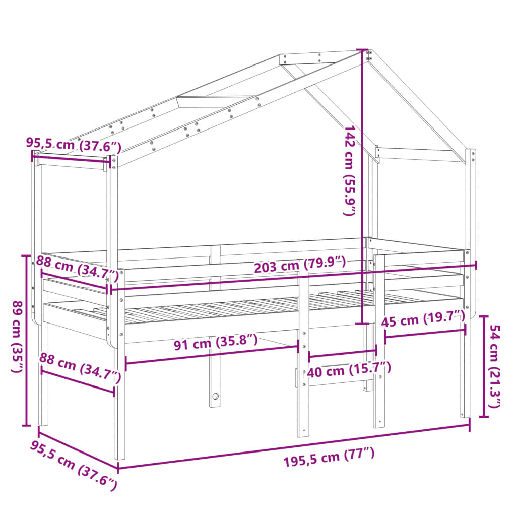 High Bed with Roof 90 X 190 Cm Solid Pine Wood