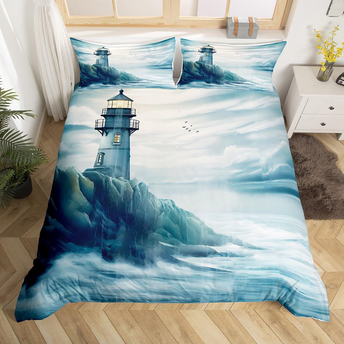 

Comforter Nautical Comforter Sailboat Lighthouse Watercolor Ocean Themed Bedding Set Summer Beach Polyester Comforter (quilt)-EU Single(135*200cm)3pcs