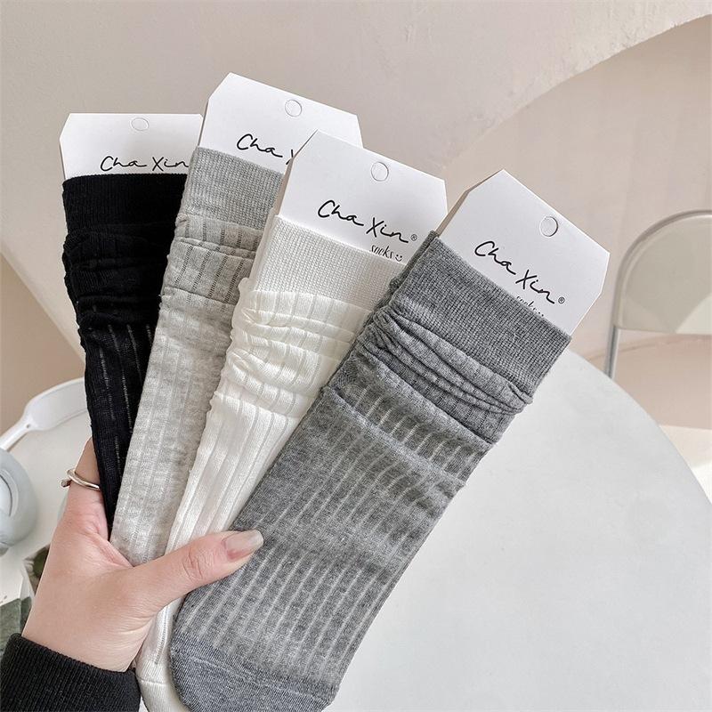 Socks Thin Breathable Mesh Solid Color Vertical Strip Pile Socks Style Catwalk Pure Cotton Socks