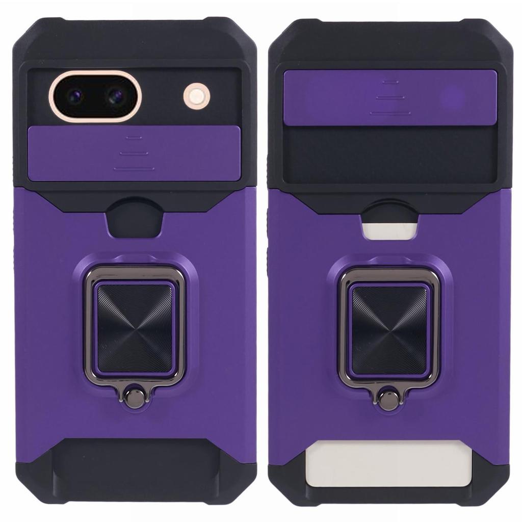 For Google Pixel 8a Cover Camera Slide Lid Card Holder Cell Phone Case with Ring Kickstand