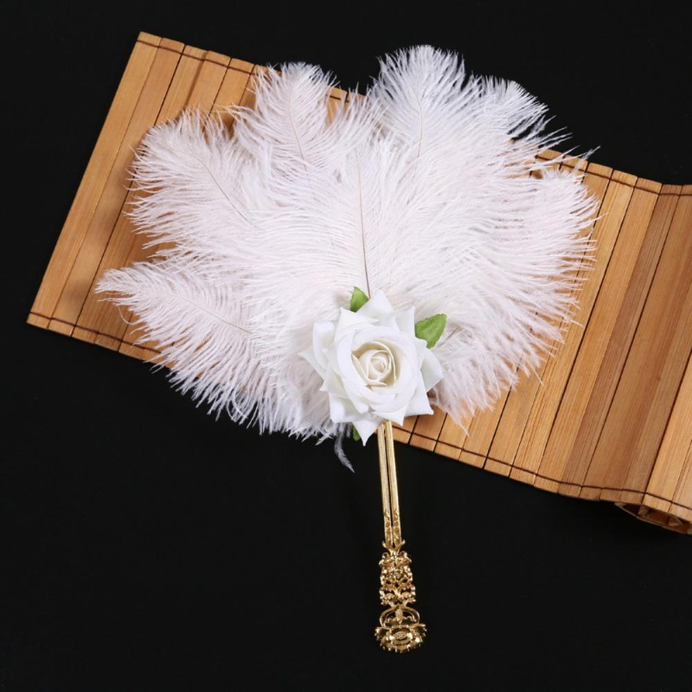 Gold Handle Ostrich Feather Fan Soft Fluffy Handmade Craft Chinese Hand Fan Fan Artificial Rose Feather Rose Fan