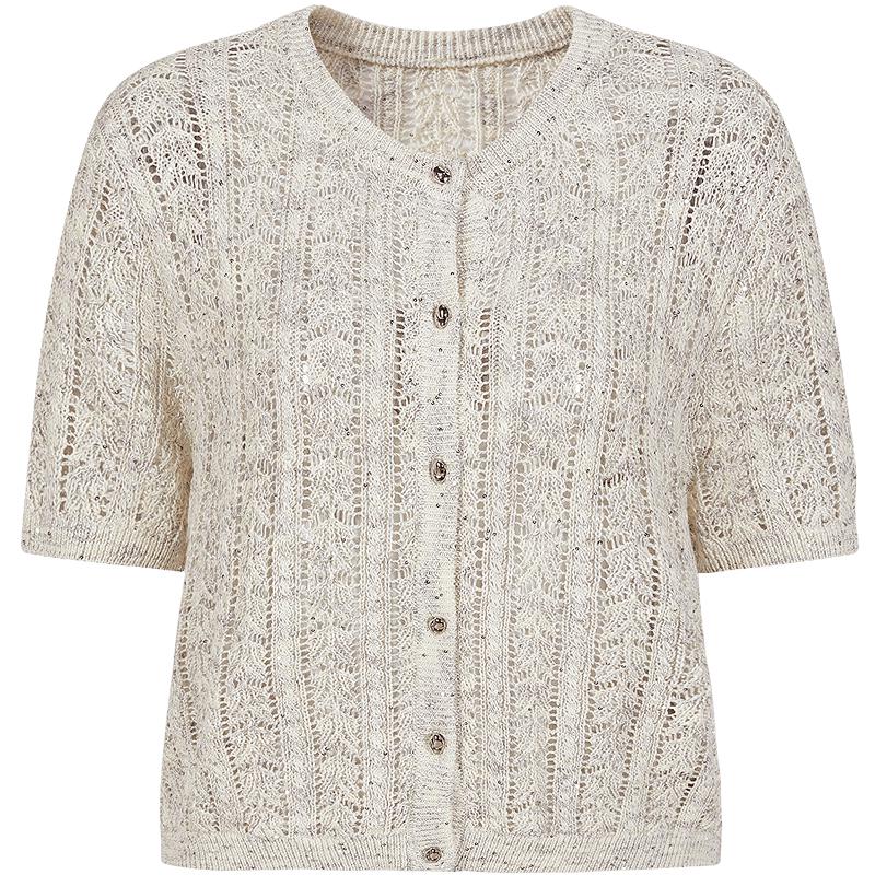 JUZI Annakou Women s Linen Blend Hollow-Out Knit Short-Sleeve Top M