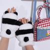 Fleece-lined Half Finger Gloves  Winter Velvet Mittens Cute Panda Plush Gloves  Outdoor