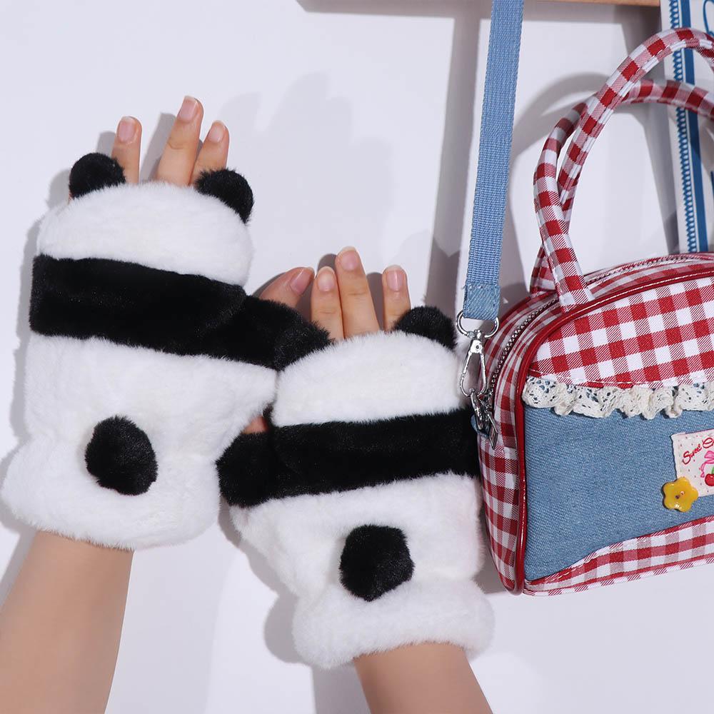 Fleece-lined Half Finger Gloves Winter Velvet Mittens Cute Panda Plush Gloves Outdoor