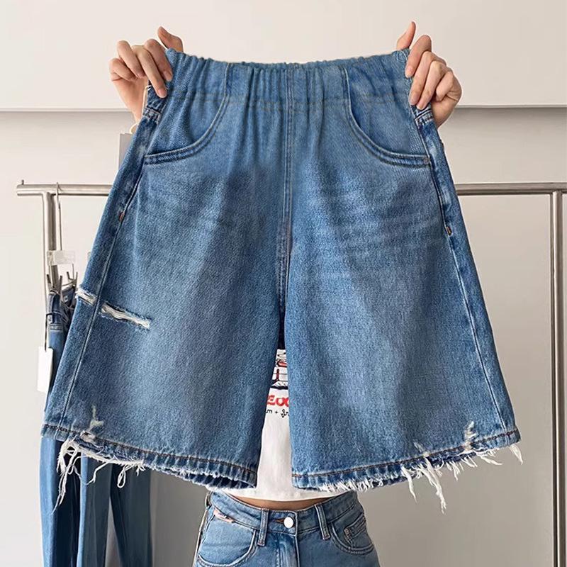 Korean-Style Summer 2026 Ripped Maternity Denim Shorts