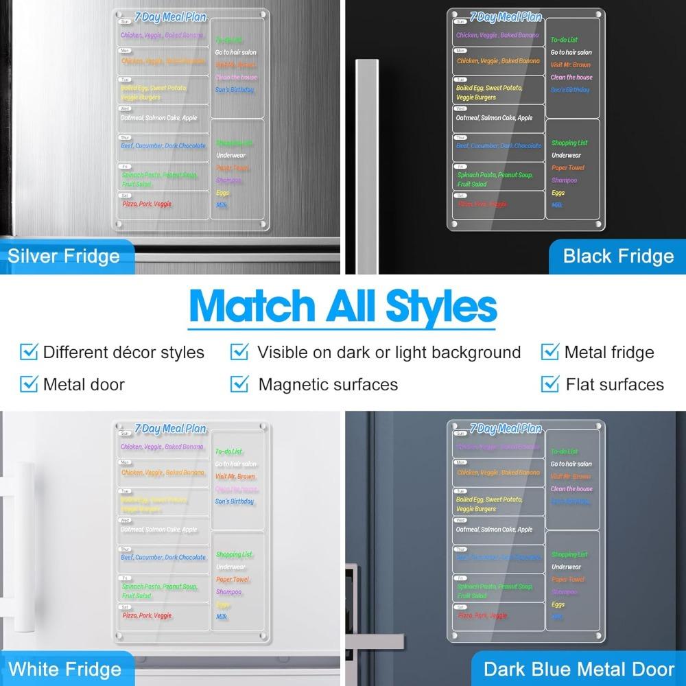 1Pcs Acrylic Magnetic Meal Planner Menu Board - Clear Weekly Calendar for Kitchen Fridge W/ 8 Markers, Refrigerator Noteboard