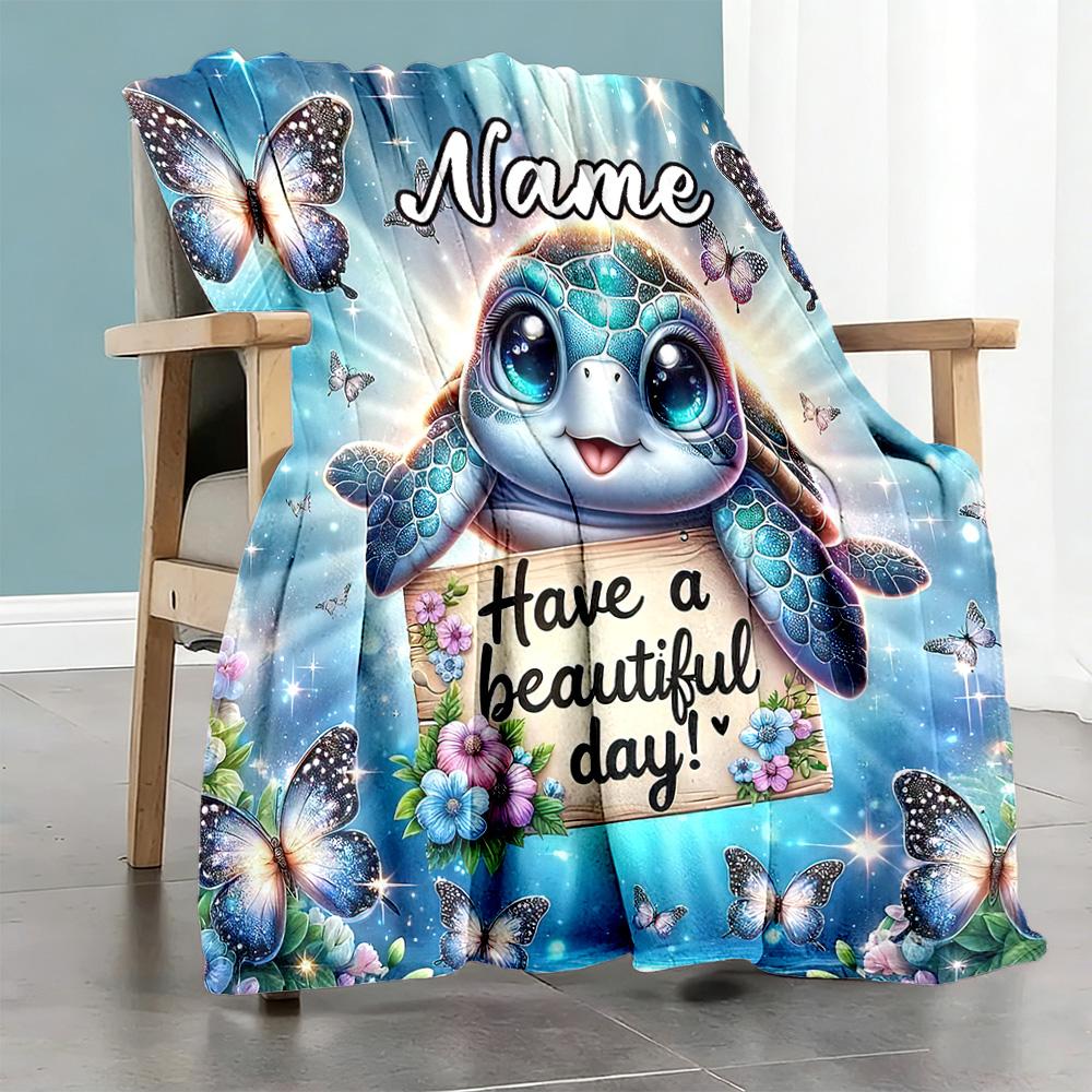 Turtle Butterfly Customize Text Blanket Lightweight Personalized Blanket Warmthful Decor Throw For Sofa Picnics Chair Office Chair All-Season Use